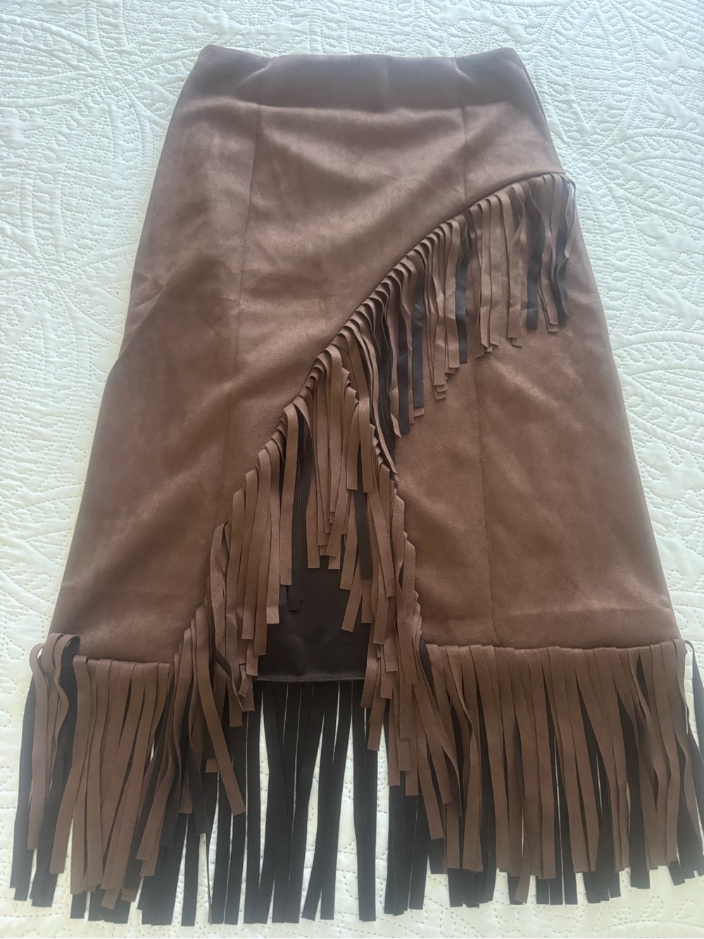 Brown Faux Suede Asymmetrical Fringe Skirt